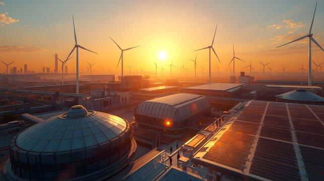 Green technology and clean energy wind farm overlooking modern manufacturing city