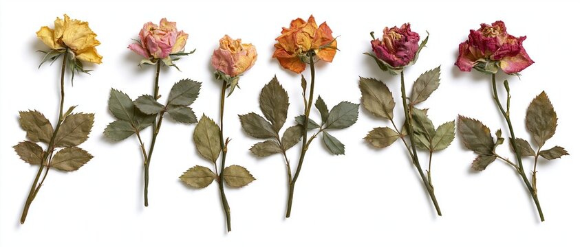 Six dried pressed rose stems arranged in a row on white background