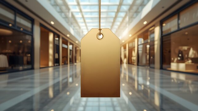 Blank golden shopping price tag hanging in a modern luxury shopping mall