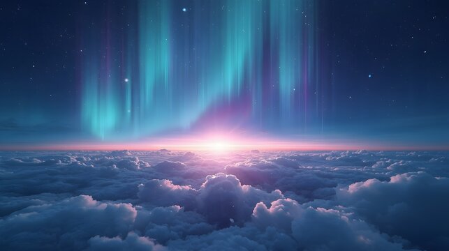 Beautiful aurora borealis and glowing stars over pink clouds in space