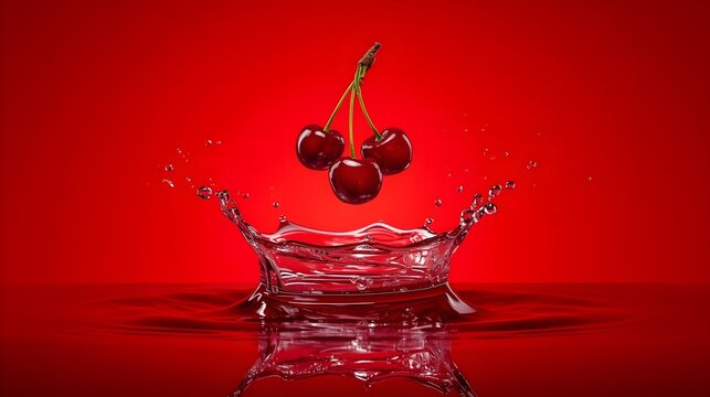 Fresh red cherries splashing into red juice with crown splash and ripples