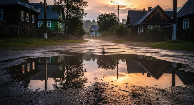 A flooded street with reflections of houses and trees at sunset.