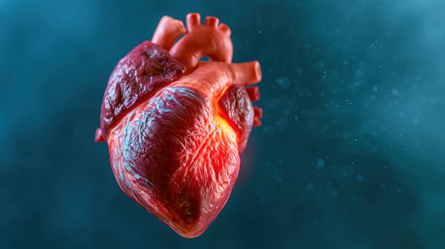 Anatomical human heart model floating against a dark teal background with glowing internal structures