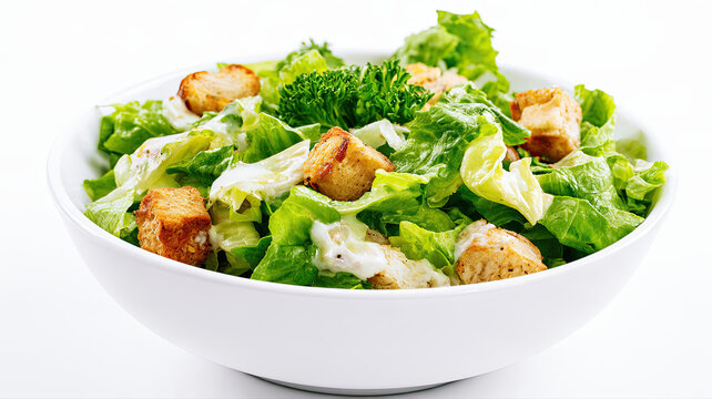transparent caesar salad in a bowl on white background