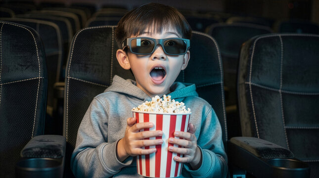 An astonished young Asian boy wearing black 3D glasses opens his mouth in awe while holding a striped popcorn bucket inside a dim cinema movie theater surrounded by empty seats.