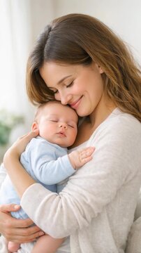 Smiling Mother Cuddling a Sleeping Infant in a White Knit Sweater