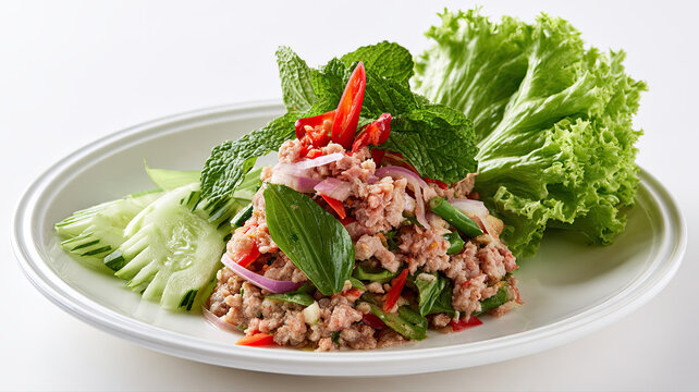 transparent minced pork salad on white background