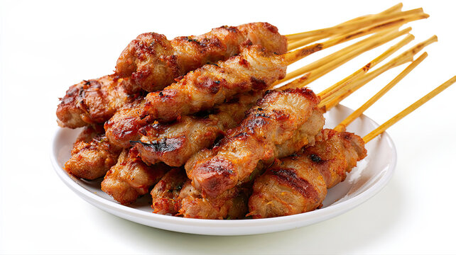grilled pork skewers on white background