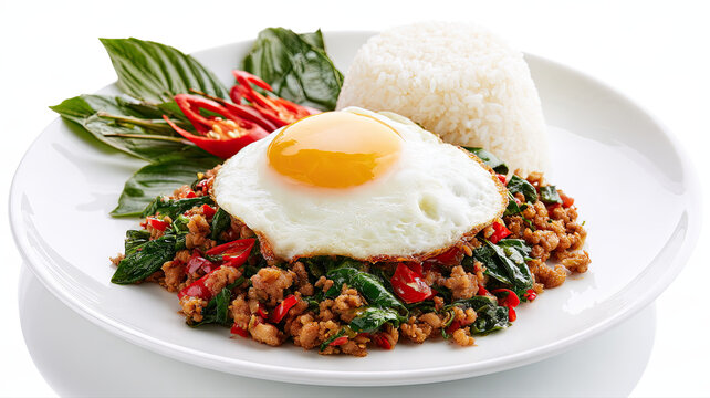 basil pork pad krapow with fried egg on white background