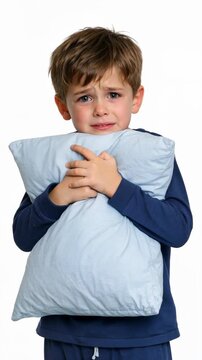 Sad Little Boy Crying while Hugging a Pillow