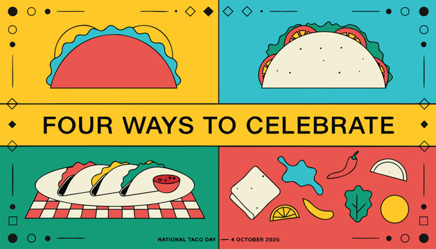 Colorful vector illustration showing four unique ways to eat tasty tacos