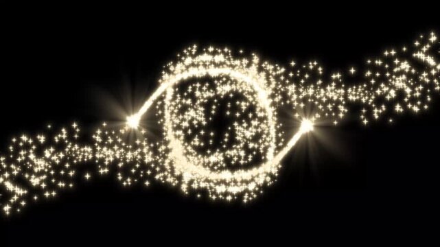Luxury gold glitter sparkles line animation, magic dust trail transition, 4k rotating gold glitter line ring with star glow effect on black background for elegant motion graphics.