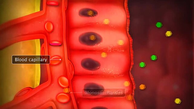 Small intestine digestion and nutrient absorption through villi into blood and lymph circulation.