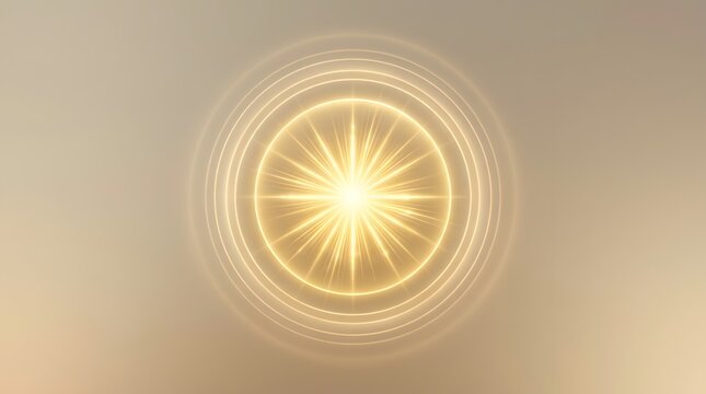 Golden abstract light circle with glowing sunburst rays and concentric rings