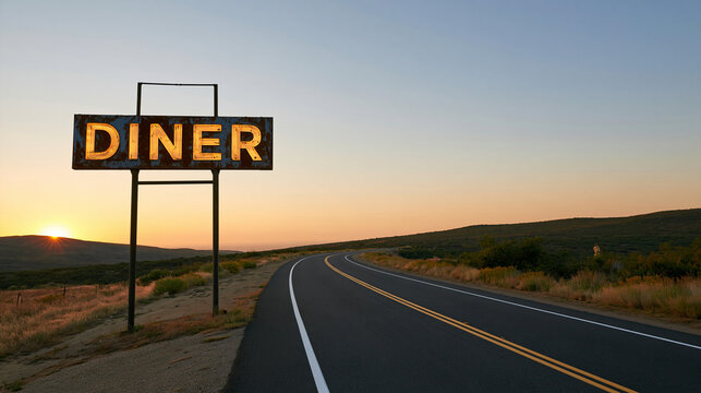 Classic diner sign standing beside a winding rural road, warm sunset behind distant hills, weathered metal texture, American road-trip culture, vintage travel, roadside nostalgia,