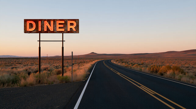 Classic diner sign standing beside a winding rural road, warm sunset behind distant hills, weathered metal texture, American road-trip culture, vintage travel, roadside nostalgia,