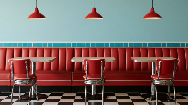 Retro cafe interior with red leather booths, turquoise accents, chrome details and checkerboard floor, balanced composition for restaurant advertising, vintage design, American