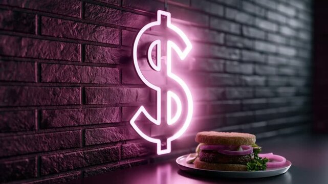 A neon dollar sign glows intensely against a dark brick wall, casting a vibrant pink hue on a gourmet burger and onion rings. ..Created with Generative AI, not depicting real subjects.
