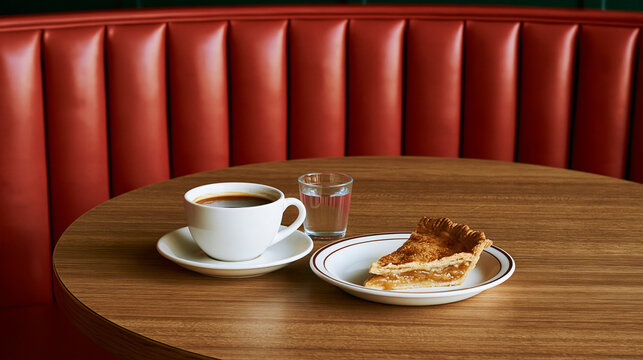 Vintage diner table with coffee, pie slice and small glass of water, red vinyl booth in background, cozy afternoon atmosphere, American cafe culture, comfort food, retro