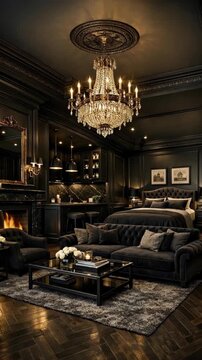 Opulent Luxury Suite Interior with Crystal Chandelier and Private Bar