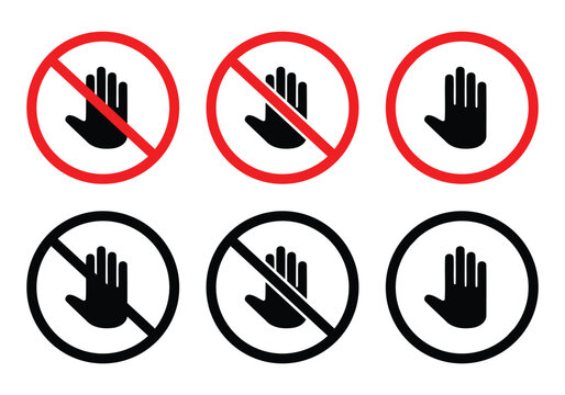 Do Not Touch Prohibitory Sign Icon Set, Red and Black Stop Hand Vector Symbols.