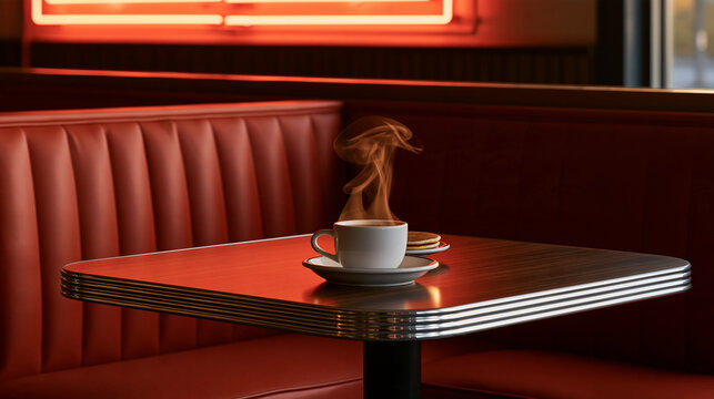 Warm nostalgic diner scene combining red booths, chrome counter, steaming coffee, pancakes and glowing neon signage, authentic retro American atmosphere, restaurant culture,
