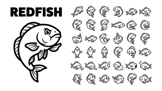 Redfish Collection: A bold illustration of a redfish accompanied by a collection of various fish icons, showcasing diverse aquatic life and marine themes.