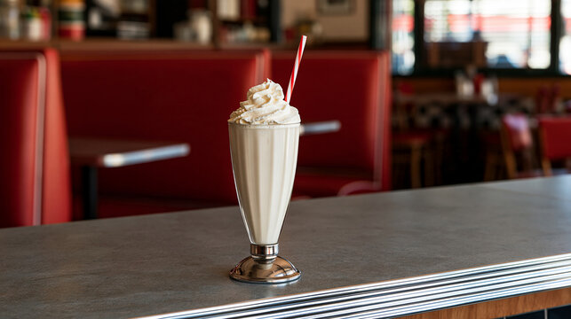 Vintage diner milkshake on a chrome counter, whipped topping, striped straw and colorful retro interior, nostalgic American food culture, dessert photography, classic cafe, with