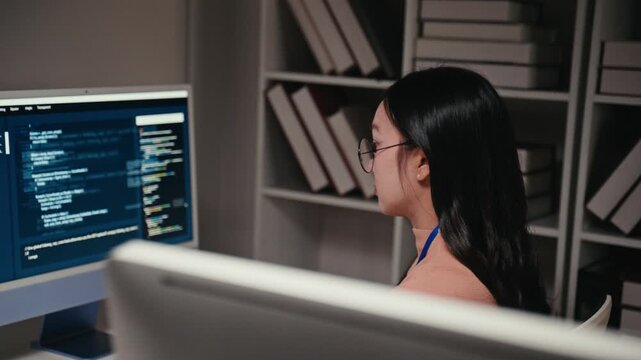 Young asian programmer working on a new software user interface, typing javascript html code and algorithms on the computer terminal screen while sitting at her desk in the data room