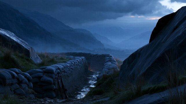 Landscape at dusk showing a trench with mountains in the background