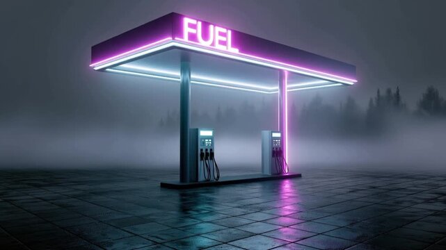 A retro-futuristic gas station glows with neon light, its FUEL sign illuminated against a foggy, atmospheric backdrop. ..Created with Generative AI, not depicting real subjects.