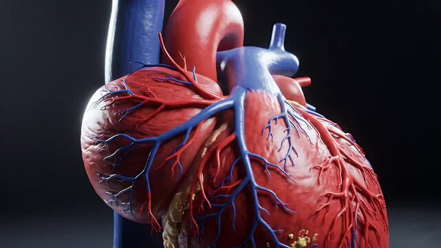 Detailed 3D Human Heart Anatomy with Veins and Arteries - A high-resolution 3D model showcasing the intricate details of a human heart, highlighting its complex network of red arteries and blue veins.