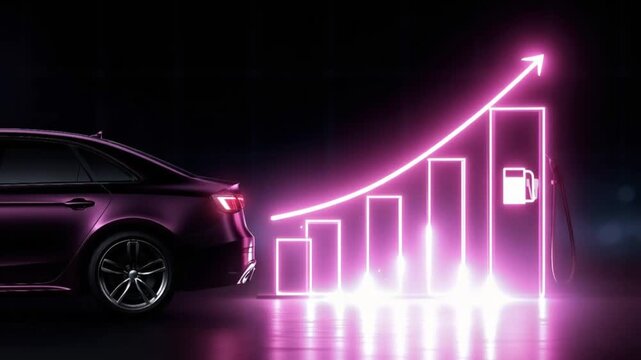 A sleek, modern electric car is positioned next to a glowing neon bar chart depicting a sharp upward trend. ..Created with Generative AI, not depicting real subjects.