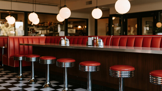 Cozy vintage diner interior with red booths, checkerboard floor, chrome counter, polished stools and warm pendant lights, classic American cafe atmosphere, retro interior,