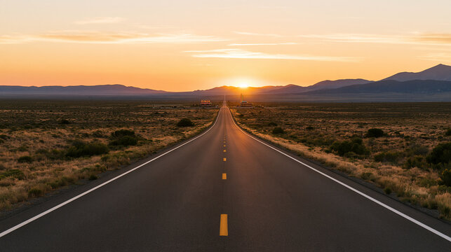 Long empty highway leading toward a classic roadside diner, glowing sign visible in the distance, golden sunset, cinematic road-trip composition, American landscape, travel