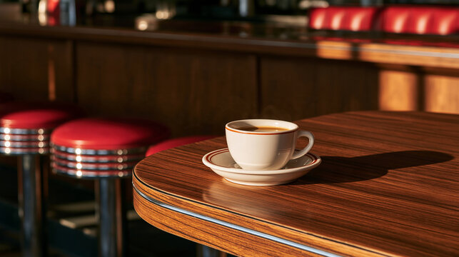 Ceramic coffee cup on a polished diner counter with chrome stools in soft morning light, subtle steam rising from coffee, cozy nostalgia, retro cafe, American breakfast, food