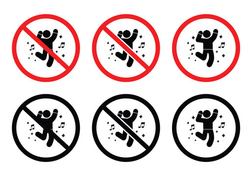 Stop Dancing Prohibition Symbol Icons, Red and Black Circle Prohibitory Sign Vectors.