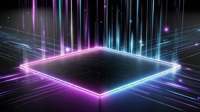 Abstract glowing neon square stage with beams of light in purple and blue. ..Created with Generative AI, not depicting real subjects.