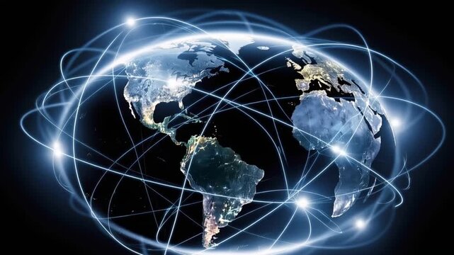 Global network connectivity, digital world map, blue lines connecting continents, glowing lights representing cities and data flow. ..Created with Generative AI, not depicting real subjects.