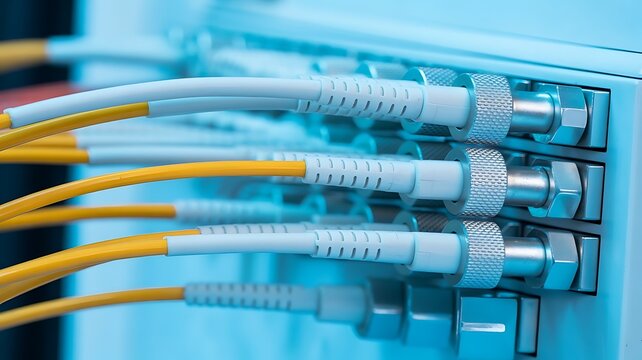 Fiber optic patch panel with multiple yellow cables connected to blue ports in a server rack for speed data network communication
