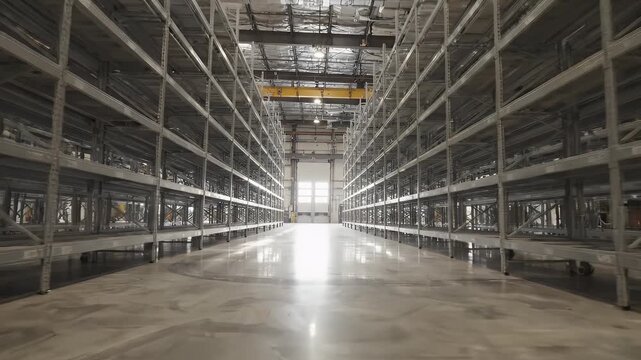 Empty Industrial Warehouse with Rows of Metal Shelving - A perspective view down the center aisle of a vast, empty warehouse.