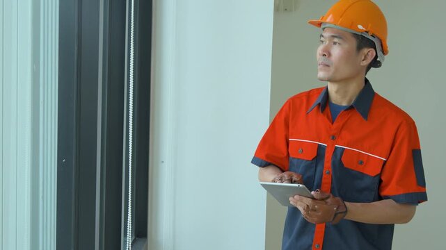 Professional construction engineer using a digital tablet for site inspection and planning