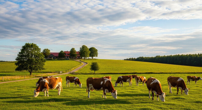 Cows grazing on a lush green field with a rural background.