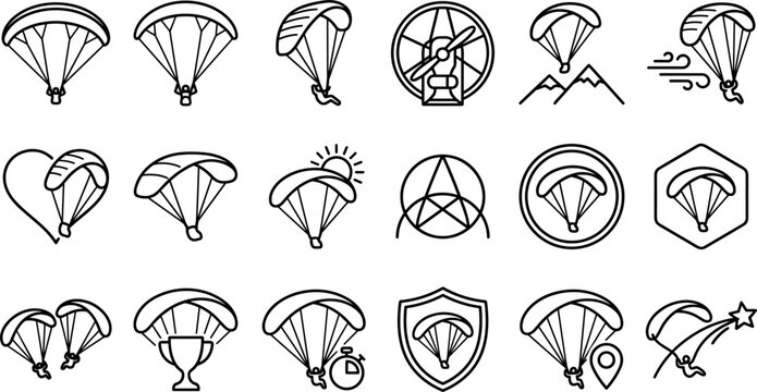 Paragliding icon set featuring paramotor parachute gliders mountains trophy sun wind shield pin line art vectors for extreme sports website