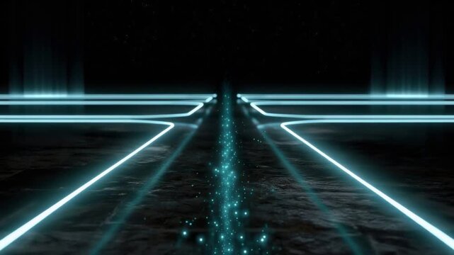 Digital highway abstract, futuristic, glowing neon blue lines of light diverge into a dark abyss. ..Created with Generative AI, not depicting real subjects.