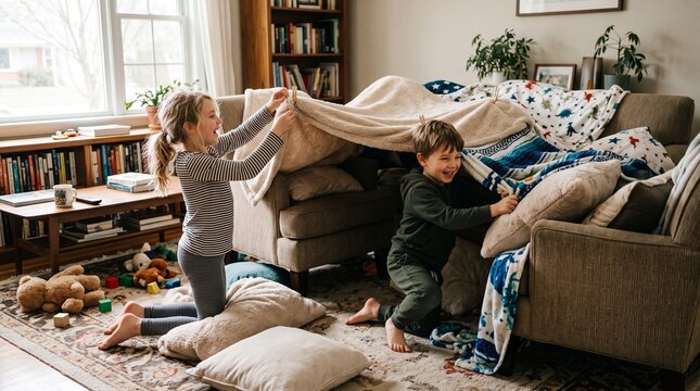 Joyful siblings build a cozy blanket fort together in a living room filled with pillows and toys