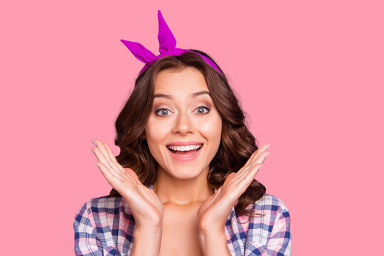 Close-up portrait of nice stunned wondered cheery sweet lovely adorable pretty lady wearing head band clapping palms isolated over violet pastel background