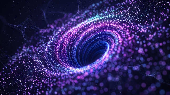 Black hole surrounded by luminous purple and blue starlight particles in deep space.