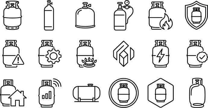 Gas cylinder icon set featuring LPG tank oxygen fuel propane butane shield fire line art vectors for industrial website designs