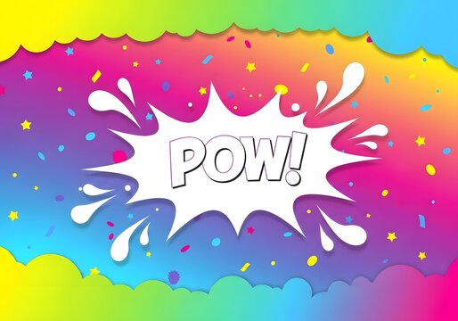Colorful vibrant cartoon comic explosion background with confetti and the word pow in white